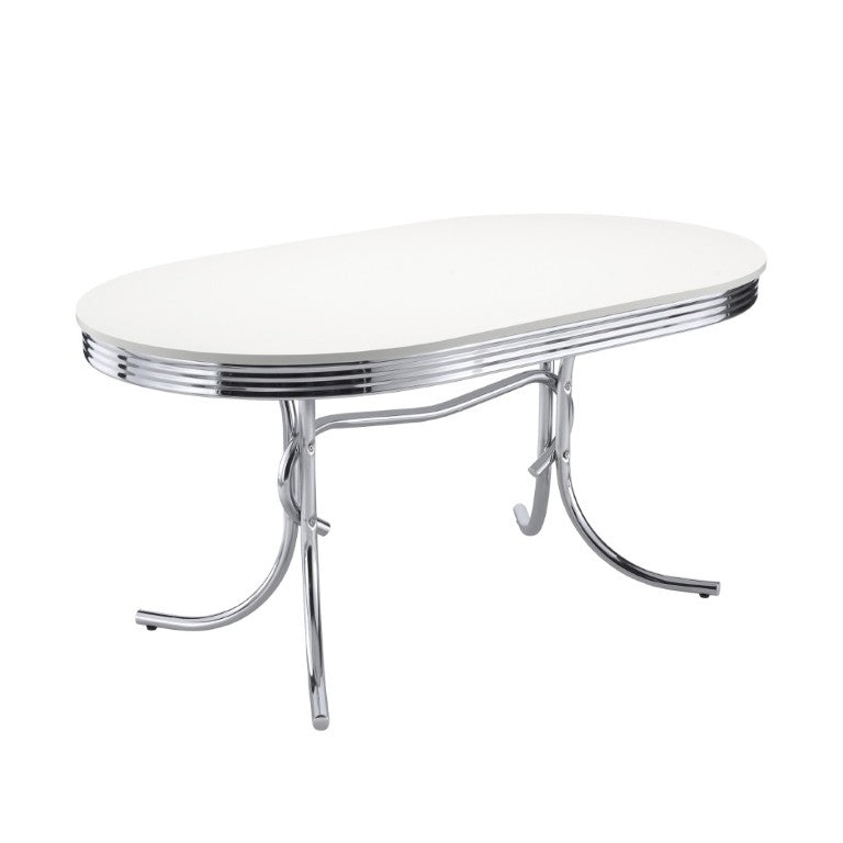 English Elm White Oval Dining Table with Chrome Legs Retro Diner Style Seats Four Comfortably B2777P536398