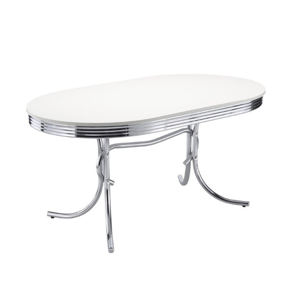 English Elm White Oval Dining Table with Chrome Legs Retro Diner Style Seats Four Comfortably B2777P536398