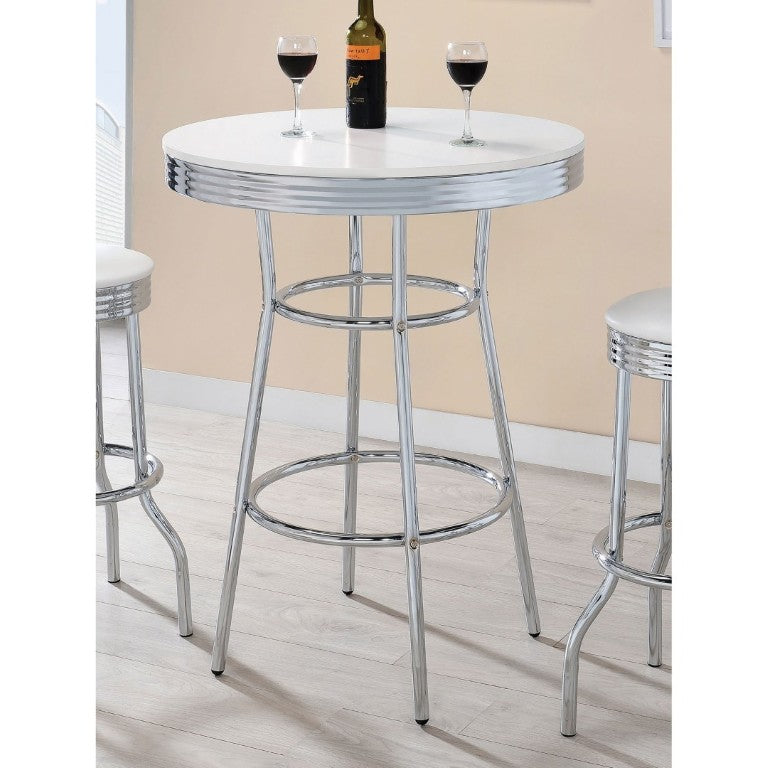 English Elm Werner Retro Diner Round Bar Table with Glossy MDF Top and Polished Chrome Frame B2777P536400