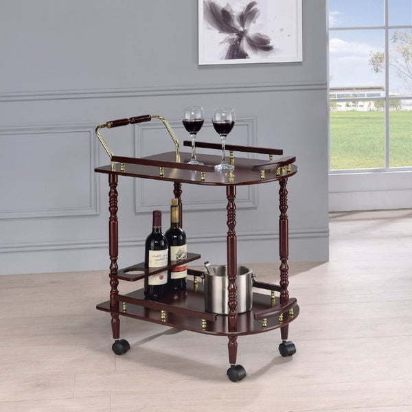 English Elm Merlot Finish Bar Cart with Brass Accents Two Shelves and Built in Bottle Holder B2777P536407
