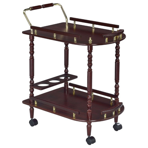 English Elm Merlot Finish Bar Cart with Brass Accents Two Shelves and Built in Bottle Holder B2777P536407