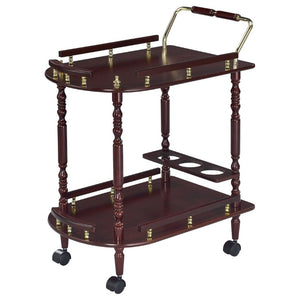 English Elm Merlot Finish Bar Cart with Brass Accents Two Shelves and Built in Bottle Holder B2777P536407