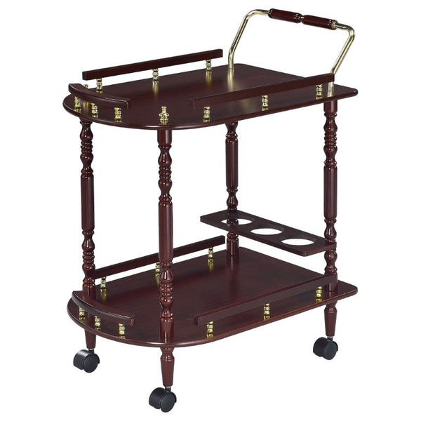 English Elm Merlot Finish Bar Cart with Brass Accents Two Shelves and Built in Bottle Holder B2777P536407
