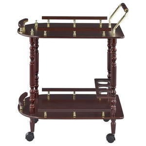 English Elm Merlot Finish Bar Cart with Brass Accents Two Shelves and Built in Bottle Holder B2777P536407