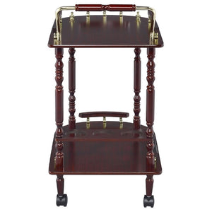 English Elm Merlot Finish Bar Cart with Brass Accents Two Shelves and Built in Bottle Holder B2777P536407