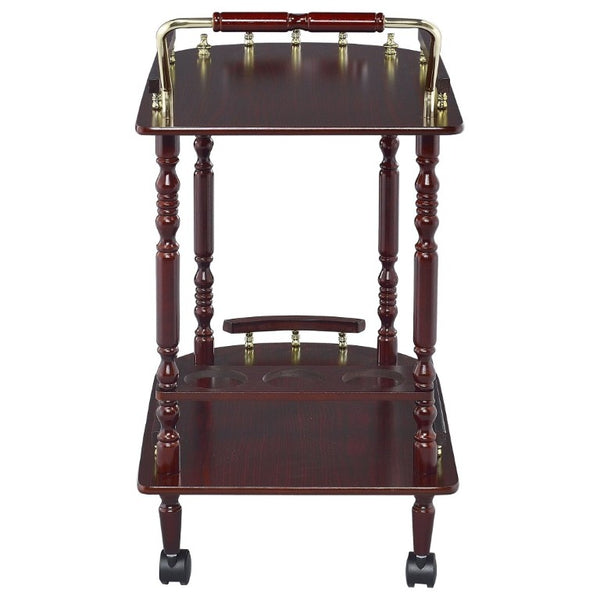 English Elm Merlot Finish Bar Cart with Brass Accents Two Shelves and Built in Bottle Holder B2777P536407