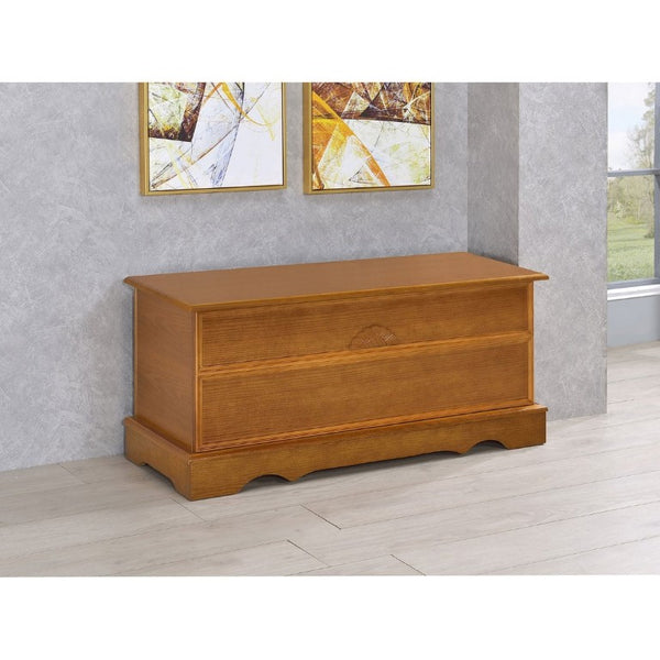English Elm Honey Finished Aromatic Cedar Storage Chest with Carved Floral Motif and Scalloped Base B2777P536414