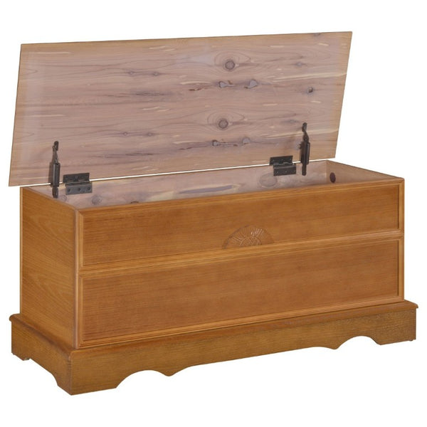 English Elm Honey Finished Aromatic Cedar Storage Chest with Carved Floral Motif and Scalloped Base B2777P536414