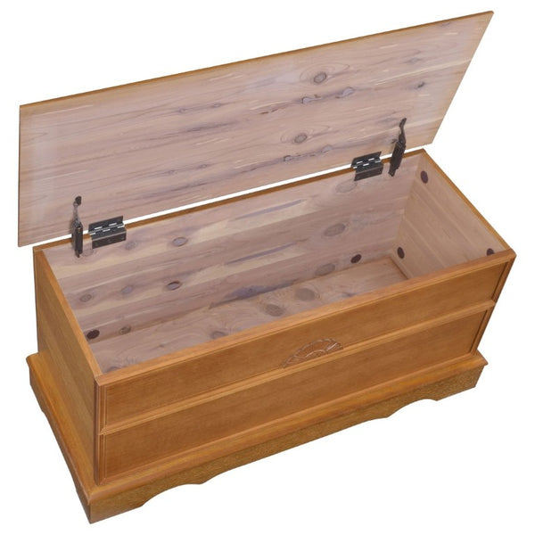 English Elm Honey Finished Aromatic Cedar Storage Chest with Carved Floral Motif and Scalloped Base B2777P536414