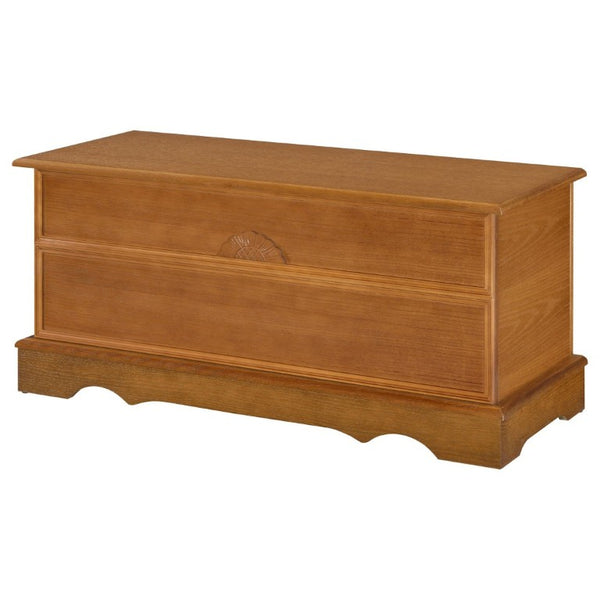 English Elm Honey Finished Aromatic Cedar Storage Chest with Carved Floral Motif and Scalloped Base B2777P536414