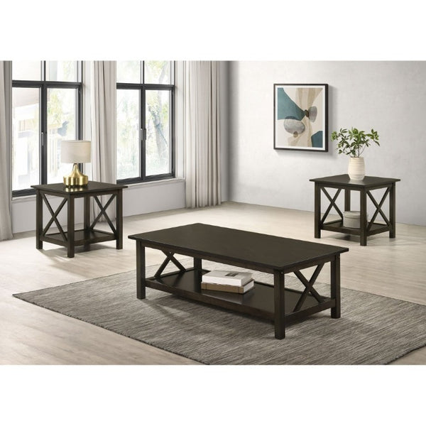 English Elm Dark Merlot 3 Piece Coffee and End Table Set with X Frame Design Open Shelves B2777P536415