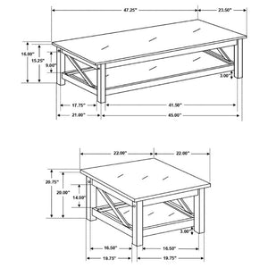 English Elm Dark Merlot 3 Piece Coffee and End Table Set with X Frame Design Open Shelves B2777P536415