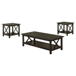 English Elm Dark Merlot 3 Piece Coffee and End Table Set with X Frame Design Open Shelves B2777P536415