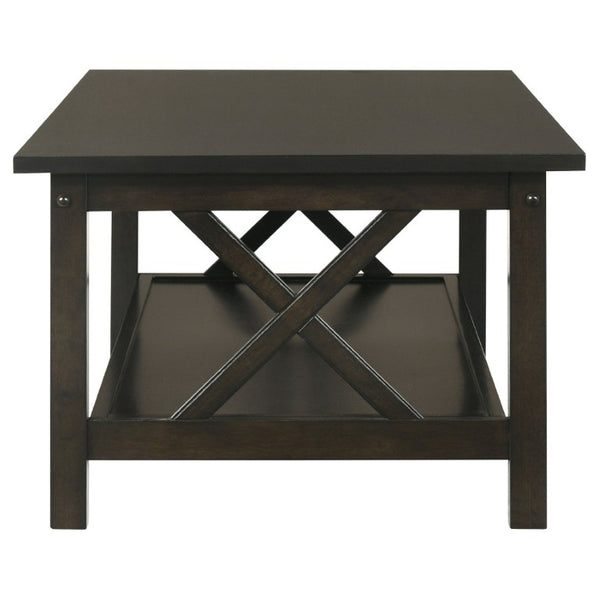 English Elm Dark Merlot 3 Piece Coffee and End Table Set with X Frame Design Open Shelves B2777P536415