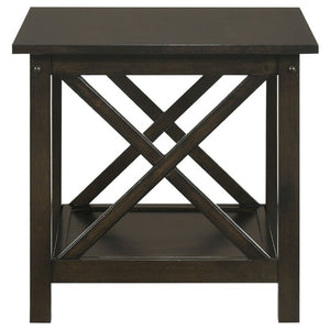 English Elm Dark Merlot 3 Piece Coffee and End Table Set with X Frame Design Open Shelves B2777P536415