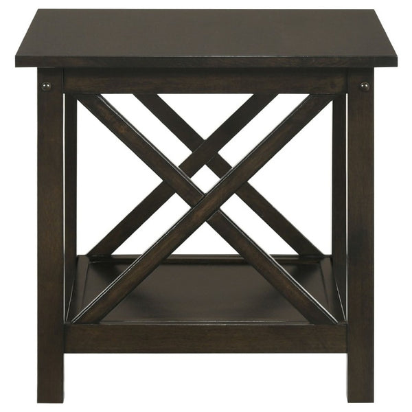 English Elm Dark Merlot 3 Piece Coffee and End Table Set with X Frame Design Open Shelves B2777P536415