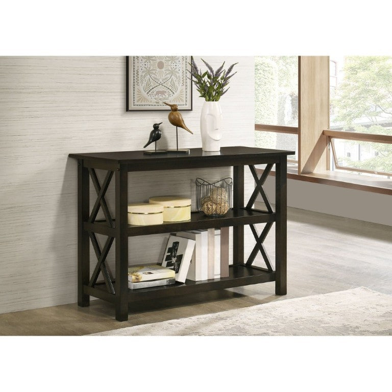 English Elm Deep Merlot Finish Console Table with X Panel Design and Two Open Storage Shelves B2777P536416