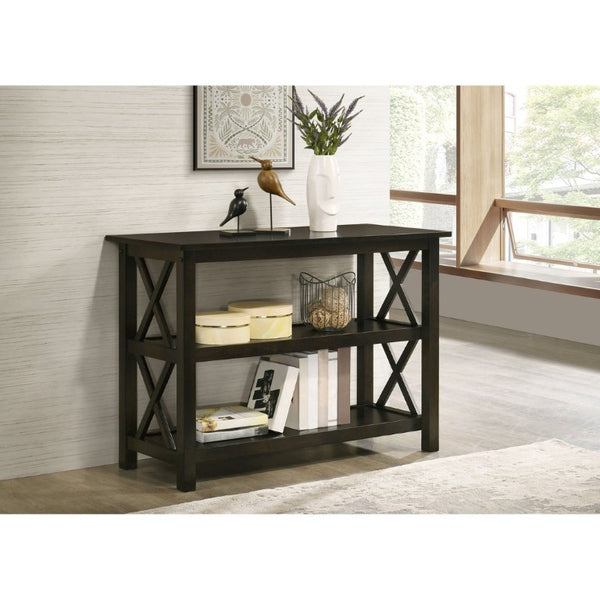 English Elm Deep Merlot Finish Console Table with X Panel Design and Two Open Storage Shelves B2777P536416