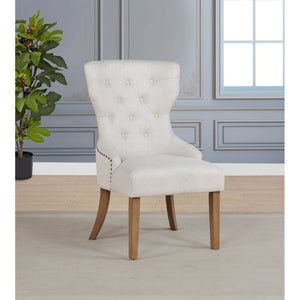 English Elm Beige Wingback Dining Chair Tufted Fabric Nailhead Trim Rubberwood Legs Farmhouse B2777P536432