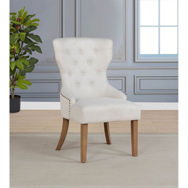 English Elm Beige Wingback Dining Chair Tufted Fabric Nailhead Trim Rubberwood Legs Farmhouse B2777P536432