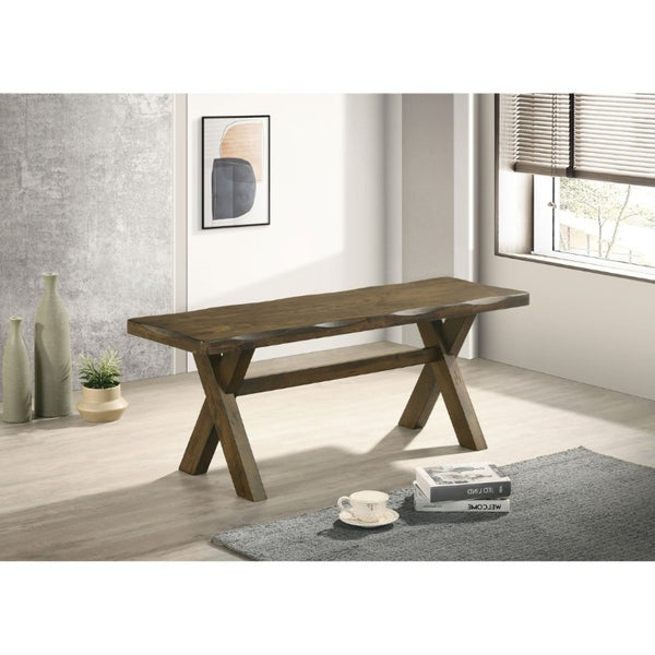 English Elm Knotty Hardwood Farmhouse Dining Bench with Worn Nutmeg Finish for Rustic Interiors B2777P536440