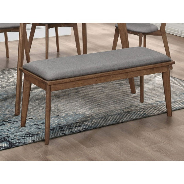 English Elm Grey Upholstered Dining Bench with Walnut Tapered Legs Mid-Century Modern Seating B2777P536448