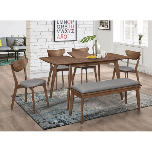 English Elm Grey Upholstered Dining Bench with Walnut Tapered Legs Mid-Century Modern Seating B2777P536448