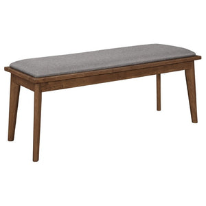 English Elm Grey Upholstered Dining Bench with Walnut Tapered Legs Mid-Century Modern Seating B2777P536448