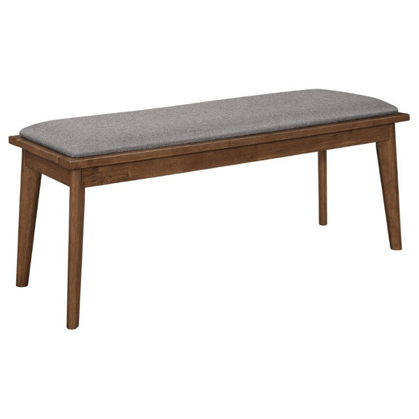 English Elm Grey Upholstered Dining Bench with Walnut Tapered Legs Mid-Century Modern Seating B2777P536448