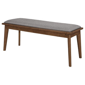 English Elm Grey Upholstered Dining Bench with Walnut Tapered Legs Mid-Century Modern Seating B2777P536448