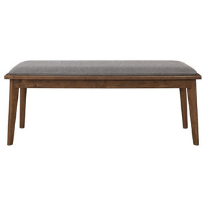 English Elm Grey Upholstered Dining Bench with Walnut Tapered Legs Mid-Century Modern Seating B2777P536448