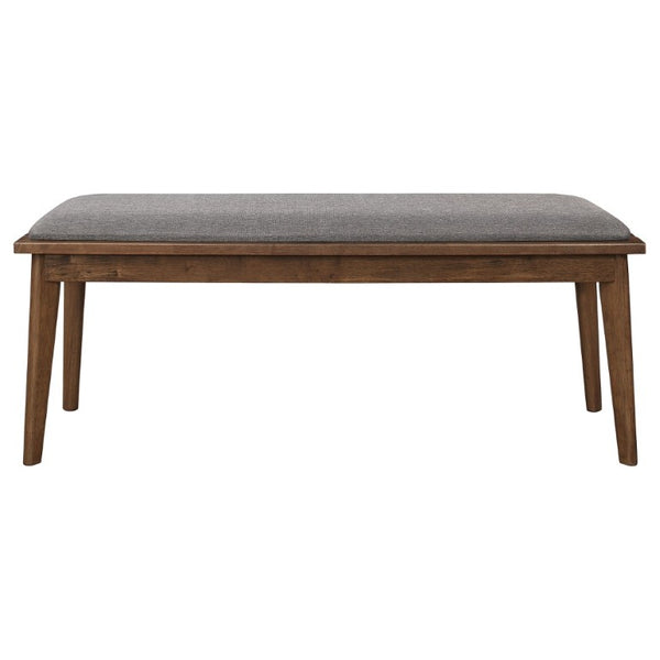 English Elm Grey Upholstered Dining Bench with Walnut Tapered Legs Mid-Century Modern Seating B2777P536448
