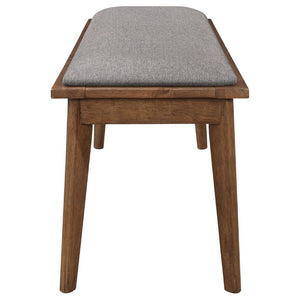 English Elm Grey Upholstered Dining Bench with Walnut Tapered Legs Mid-Century Modern Seating B2777P536448