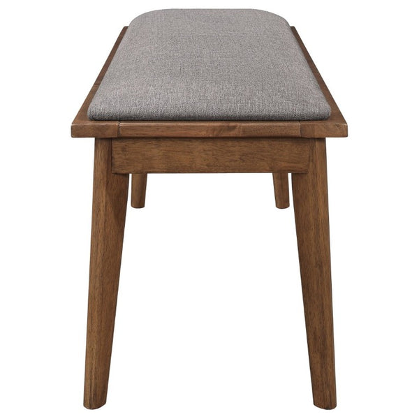 English Elm Grey Upholstered Dining Bench with Walnut Tapered Legs Mid-Century Modern Seating B2777P536448