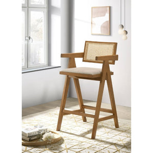 English Elm Remy Mid-Century Rattan Back Barstools with Walnut Frame and Padded Seats Set B2777P536462
