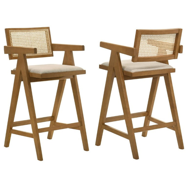 English Elm Remy Mid-Century Rattan Back Barstools with Walnut Frame and Padded Seats Set B2777P536462