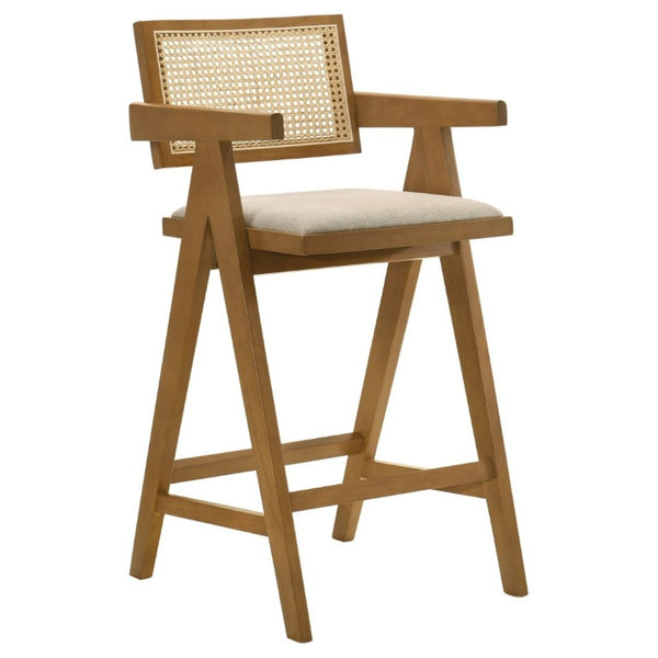 English Elm Remy Mid-Century Rattan Back Barstools with Walnut Frame and Padded Seats Set B2777P536462