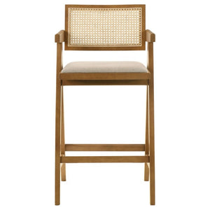 English Elm Remy Mid-Century Rattan Back Barstools with Walnut Frame and Padded Seats Set B2777P536462
