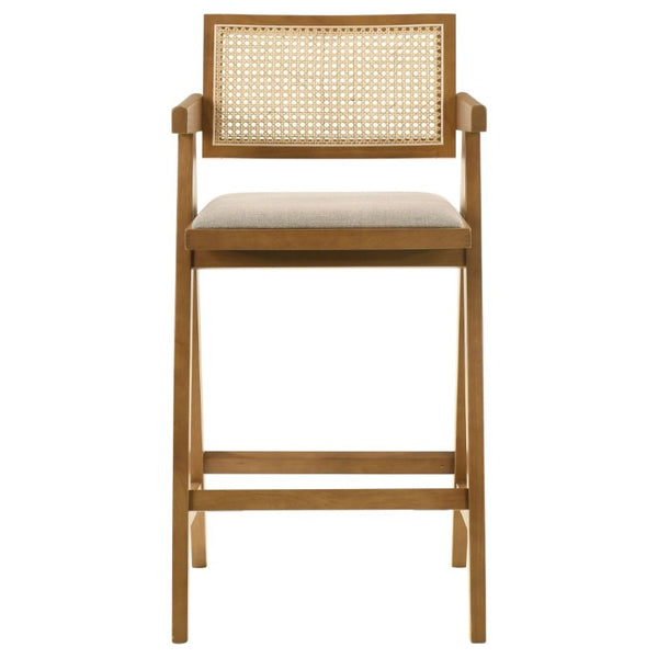 English Elm Remy Mid-Century Rattan Back Barstools with Walnut Frame and Padded Seats Set B2777P536462