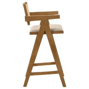English Elm Remy Mid-Century Rattan Back Barstools with Walnut Frame and Padded Seats Set B2777P536462