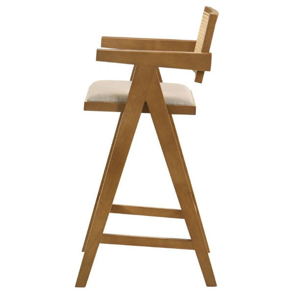English Elm Remy Mid-Century Rattan Back Barstools with Walnut Frame and Padded Seats Set B2777P536462