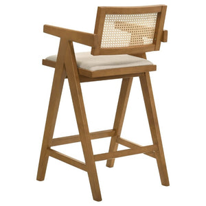 English Elm Remy Mid-Century Rattan Back Barstools with Walnut Frame and Padded Seats Set B2777P536462