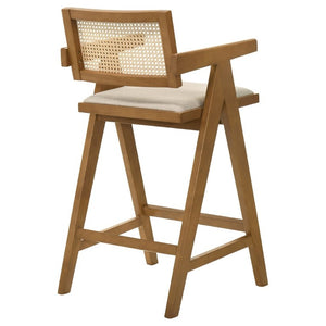 English Elm Remy Mid-Century Rattan Back Barstools with Walnut Frame and Padded Seats Set B2777P536462