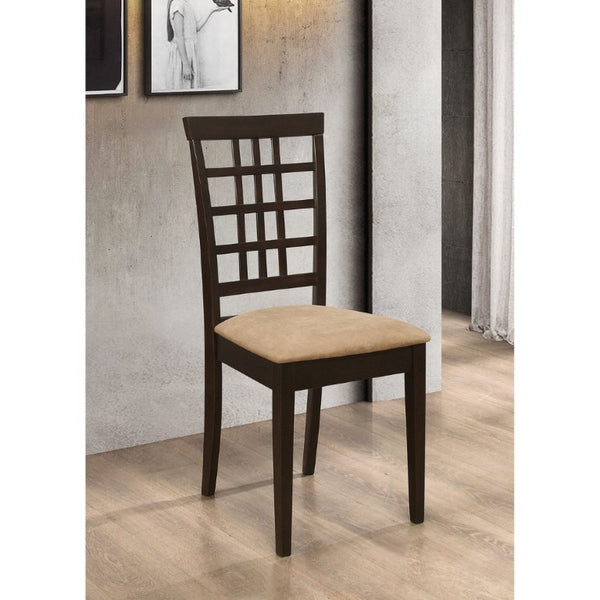 English Elm Cappuccino Wood Dining Chairs with Lattice Back and Beige Seat Set of Two B2777P536465