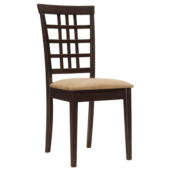 English Elm Cappuccino Wood Dining Chairs with Lattice Back and Beige Seat Set of Two B2777P536465
