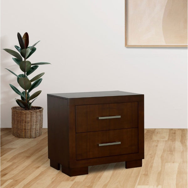 English Elm Polk Two Drawer Wood Nightstand with Deep Finish and Silver Bar Pulls for Bedroom B2777P536468