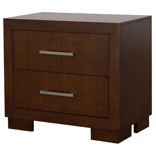 English Elm Polk Two Drawer Wood Nightstand with Deep Finish and Silver Bar Pulls for Bedroom B2777P536468