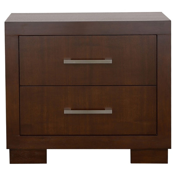 English Elm Polk Two Drawer Wood Nightstand with Deep Finish and Silver Bar Pulls for Bedroom B2777P536468