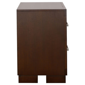 English Elm Polk Two Drawer Wood Nightstand with Deep Finish and Silver Bar Pulls for Bedroom B2777P536468