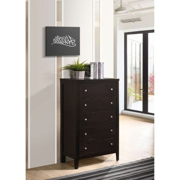 English Elm Payton Cappuccino Five Drawer Tall Chest with Brushed Silver Hardware for Bedroom B2777P536471
